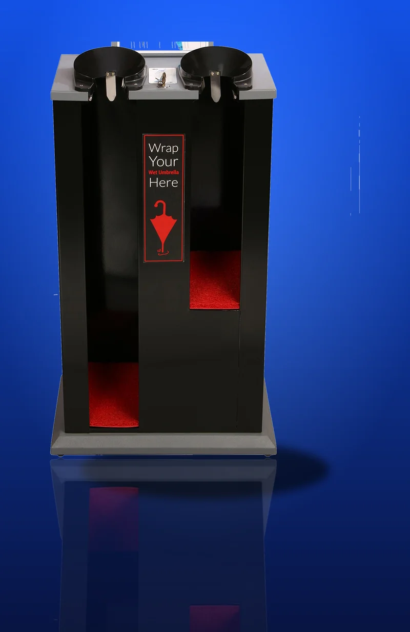 Wet umbrella wrapping machine, front view — twin-bay design